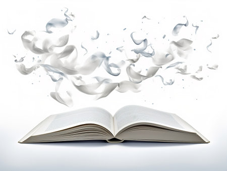 Open Book with Flying Pages Imagination Unleashed Isolated on White Background AI Generatedの素材