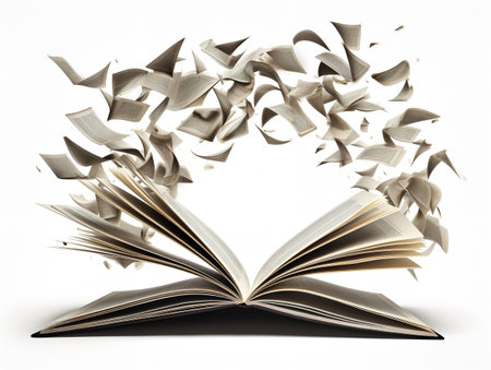 Open Book with Flying Pages Imagination Unleashed Isolated on White Background AI Generatedの素材