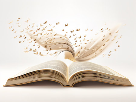 Open Book with Flying Pages Imagination Unleashed Isolated on White Background AI Generatedの素材