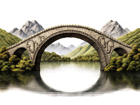 Bridge Arching Over River Connection and Passage Isolated on White Background AI Generatedの素材