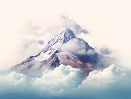 Mountain Peak Piercing Clouds Aspiration and Achievement Isolated on White Background AI Generatedの素材