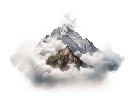 Mountain Peak Piercing Clouds Aspiration and Achievement Isolated on White Background AI Generatedの素材