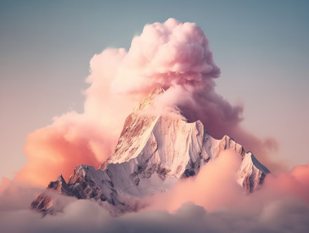 Mountain Peak Piercing Clouds Aspiration and Achievement Isolated on White Background AI Generatedの素材