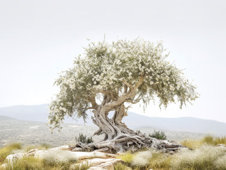 Olive Tree Full Bloom Peace and Prosperity Isolated on White Background AI Generatedの素材