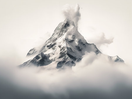 Mountain Peak Piercing Clouds Aspiration and Achievement Isolated on White Background AI Generatedの素材