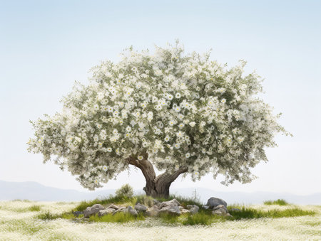 Olive Tree Full Bloom Peace and Prosperity Isolated on White Background AI Generatedの素材