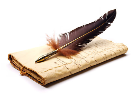 Quill Pen over Ancient Scroll History and Wisdom Isolated on White Background AI Generatedの素材