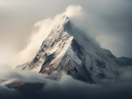 Mountain Peak Piercing Clouds Aspiration and Achievement Isolated on White Background AI Generatedの素材