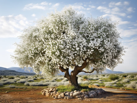 Olive Tree Full Bloom Peace and Prosperity Isolated on White Background AI Generatedの素材