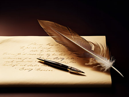 Quill Pen over Ancient Scroll History and Wisdom Isolated on White Background AI Generatedの素材