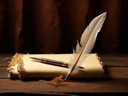 Quill Pen over Ancient Scroll History and Wisdom Isolated on White Background AI Generatedの素材