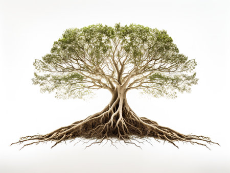 Tree Silhouette with Deep Roots Stability and Growth Isolated on White Background AI Generatedの素材
