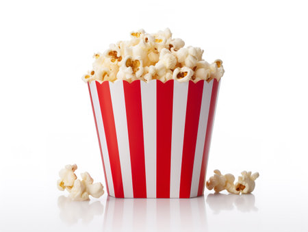 Red White Paper Popcorn Bucket Cinema Snack Isolated on White Background AI Generatedの素材