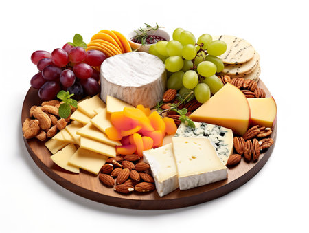 Gourmet Cheese Platter Fruits Nuts Delicacy Isolated on White Background AI Generatedの素材