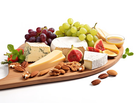 Gourmet Cheese Platter Fruits Nuts Delicacy Isolated on White Background AI Generatedの素材