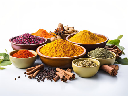 Colorful Spices Variety Cooking Ingredients Isolated on White Background AI Generatedの素材