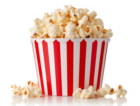 Red White Paper Popcorn Bucket Cinema Snack Isolated on White Background AI Generatedの素材