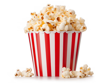 Red White Paper Popcorn Bucket Cinema Snack Isolated on White Background AI Generatedの素材