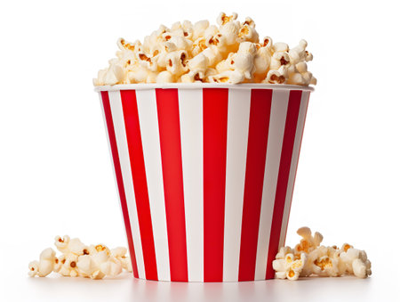Red White Paper Popcorn Bucket Cinema Snack Isolated on White Background AI Generatedの素材