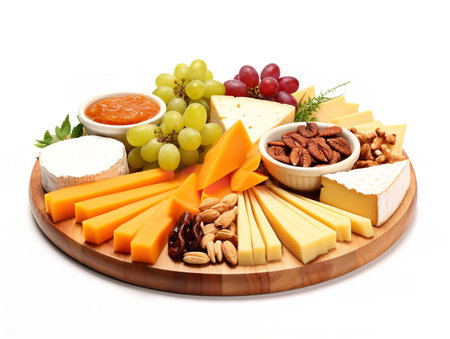 Gourmet Cheese Platter Fruits Nuts Delicacy Isolated on White Background AI Generatedの素材
