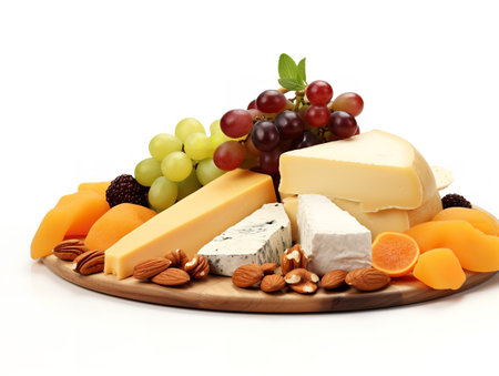 Gourmet Cheese Platter Fruits Nuts Delicacy Isolated on White Background AI Generatedの素材