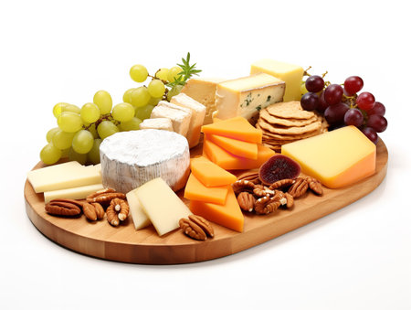 Gourmet Cheese Platter Fruits Nuts Delicacy Isolated on White Background AI Generatedの素材