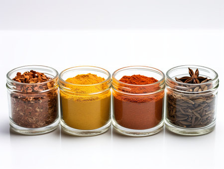 Colorful Spices Variety Cooking Ingredients Isolated on White Background AI Generatedの素材