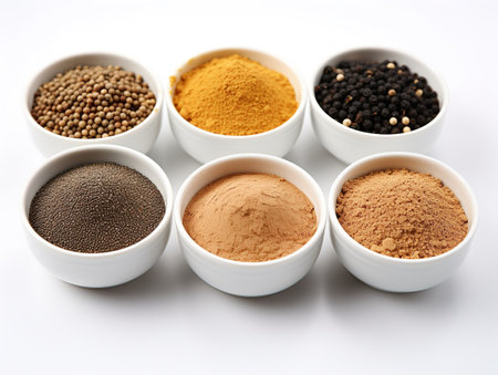 Colorful Spices Variety Cooking Ingredients Isolated on White Background AI Generatedの素材