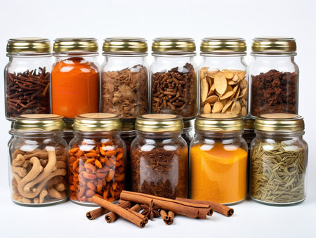 Colorful Spices Variety Cooking Ingredients Isolated on White Background AI Generatedの素材