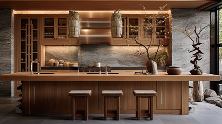 Tranquil Asian-Inspired Kitchen: Harmony with Zen Elements and Natural Tonesの素材