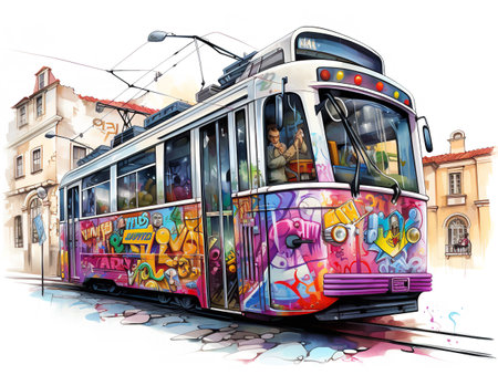 Vintage Tram Rolling Through Historic City Center - AI Generatedの素材