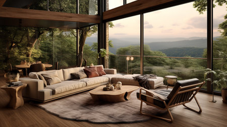 Nature's Embrace: Biophilic Living Room with Natural Elements & Green Spacesの素材