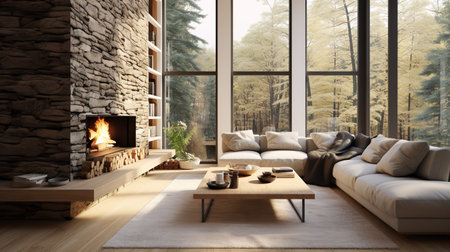 Nature's Embrace: Biophilic Living Room with Natural Elements & Green Spacesの素材