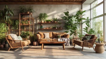 Nature's Embrace: Biophilic Living Room with Natural Elements & Green Spacesの素材