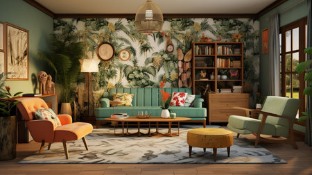 Nature's Embrace: Biophilic Living Room with Natural Elements & Green Spacesの素材