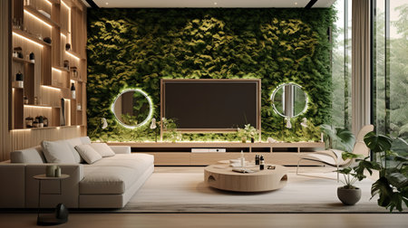 Nature's Embrace: Biophilic Living Room with Natural Elements & Green Spacesの素材