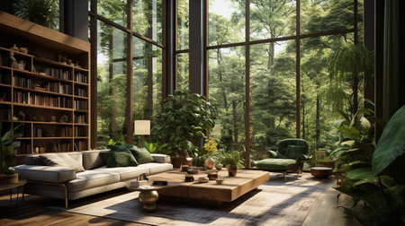 Nature's Embrace: Biophilic Living Room with Natural Elements & Green Spacesの素材