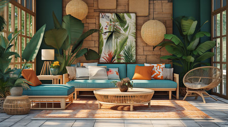 Nature's Embrace: Biophilic Living Room with Natural Elements & Green Spacesの素材
