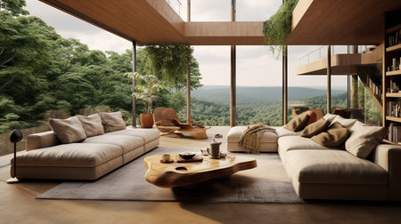 Nature's Embrace: Biophilic Living Room with Natural Elements & Green Spacesの素材