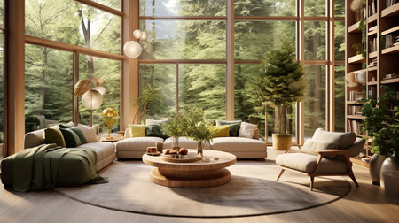 Nature's Embrace: Biophilic Living Room with Natural Elements & Green Spacesの素材