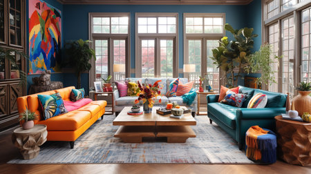 Bohemian Bliss: Colorful and Eclectic Living Room with Global Inspirationsの素材