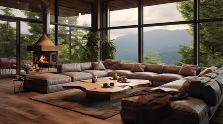 Nature's Embrace: Biophilic Living Room with Natural Elements & Green Spacesの素材