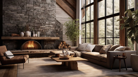 Nature's Embrace: Biophilic Living Room with Natural Elements & Green Spacesの素材