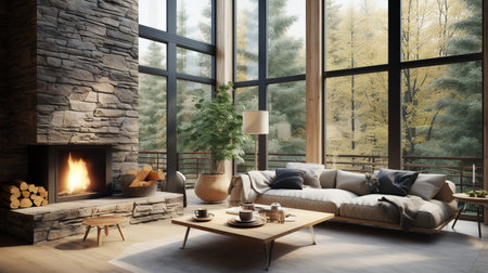 Nature's Embrace: Biophilic Living Room with Natural Elements & Green Spacesの素材