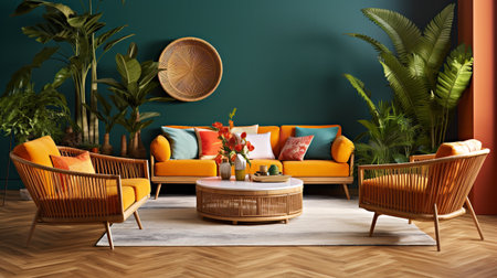 Nature's Embrace: Biophilic Living Room with Natural Elements & Green Spacesの素材