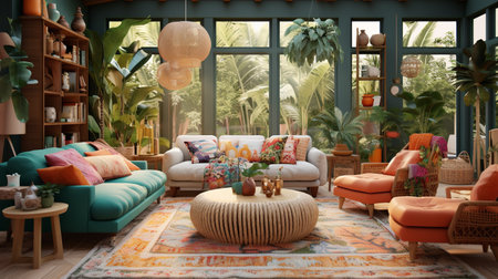 Bohemian Bliss: Colorful and Eclectic Living Room with Global Inspirationsの素材