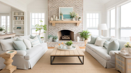Coastal Farmhouse Fusion: Serene Living Room with Beachy and Rustic Elementsの素材