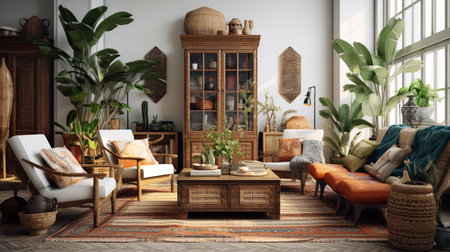 Bohemian Bliss: Colorful and Eclectic Living Room with Global Inspirationsの素材