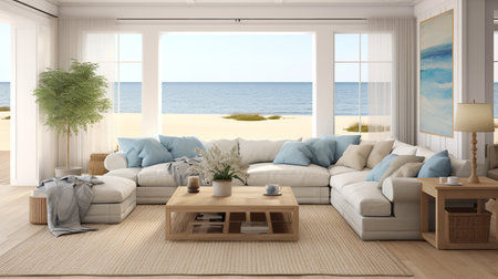 Coastal Farmhouse Fusion: Serene Living Room with Beachy and Rustic Elementsの素材
