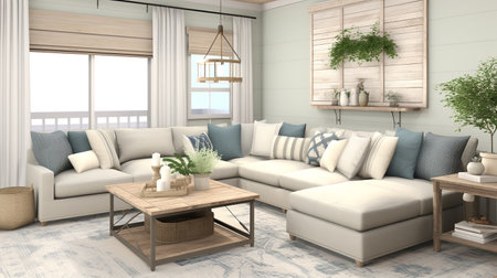 Coastal Farmhouse Fusion: Serene Living Room with Beachy and Rustic Elementsの素材